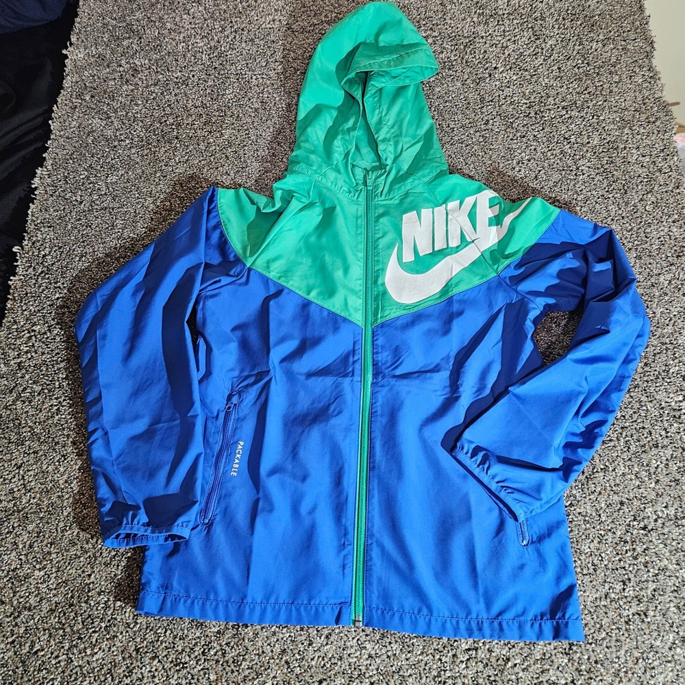 Nike Boys Windrunner Packable Jacket Blue Green Loose Fit CU9301-324 Size L